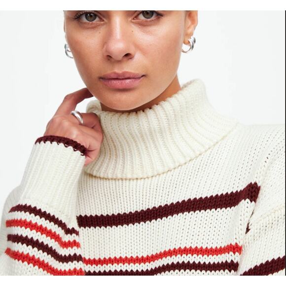 Madewell Ribbed Cotton Turtleneck Sweater WMNS 2XS Cabernet Striped Long Sleeve - Picture 3 of 8